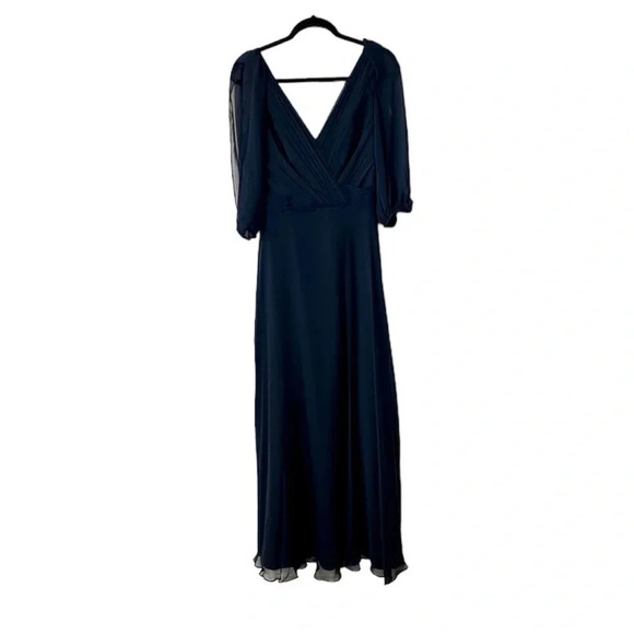 Jenny Packham 3/4 Sleeve Navy Blue Chiffon V-Neck Floor Length Gown Size 8 NWT - Picture 2 of 14